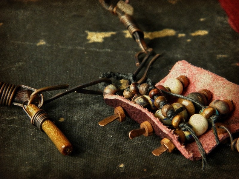 Leather and bead amulet necklace - tribal glass beads, gold coral and raw sapphire