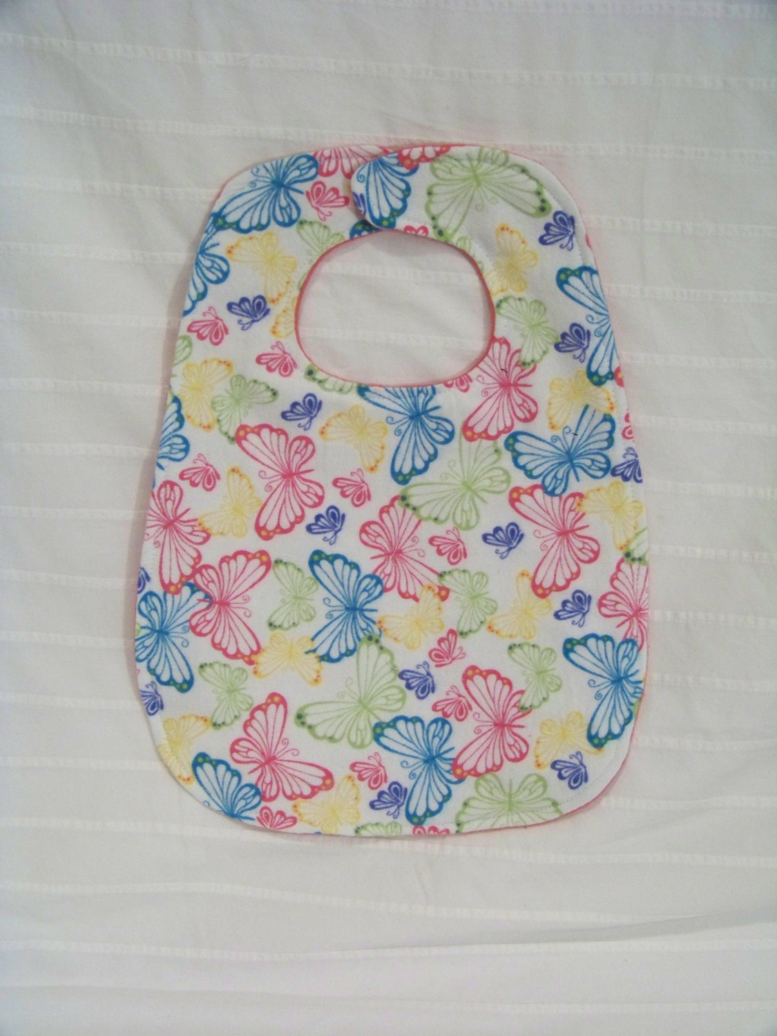 Large Cotton Flannel Bib Butterfly Pink, Blue, Green and Yellow 100% Cotton with Velcro Closure - HappyCloudCreations
