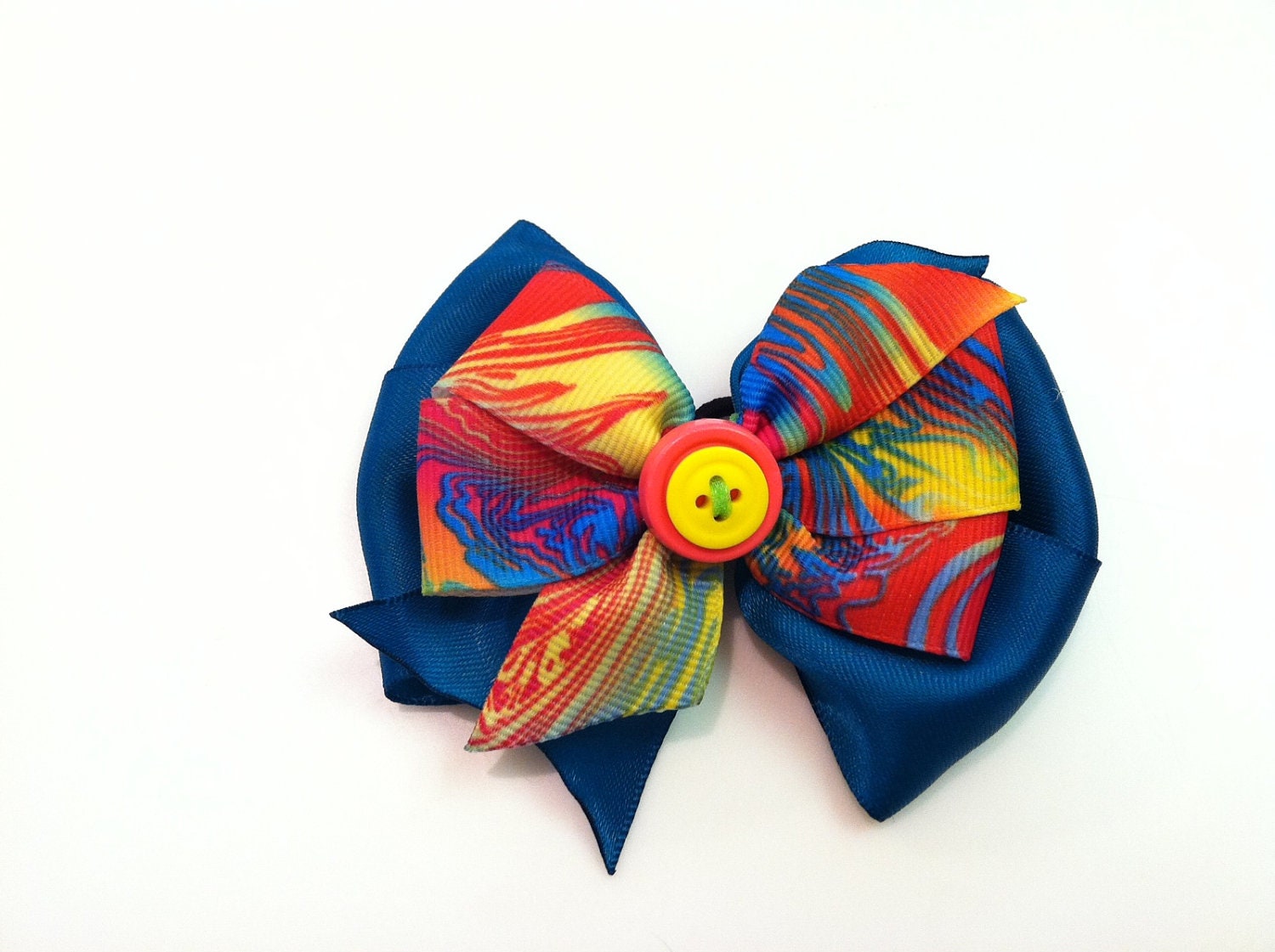 WILD Pink Yellow Lime Blue Orange Tie Dye on Teal Button Stacked Boutique Style Ribbon Bow Handmade for PETS Dog Bow Collar Accessory