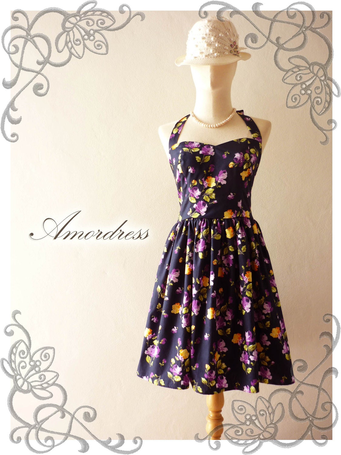Dress Purple Floral Amor Vintage Inspired Romantic Halter Neck Navy Purple Yellow Rose Wedding Prom Party Dress - Once Upon A Time-  Size S-