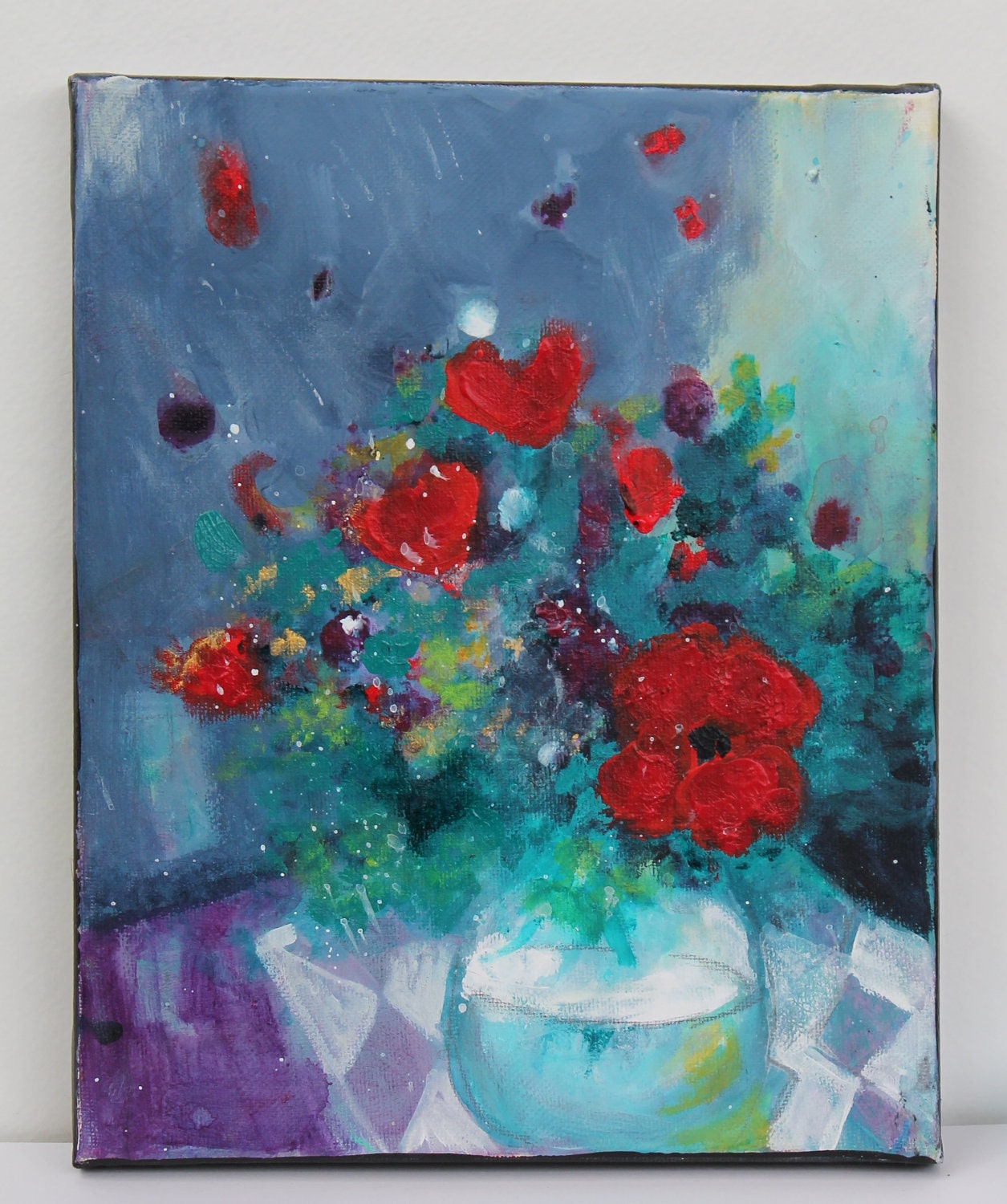 Reserved for Brigitta Original Abstract Floral Still Life on Small Canvas Acrylic Painting "Red Poppies in a Vase"