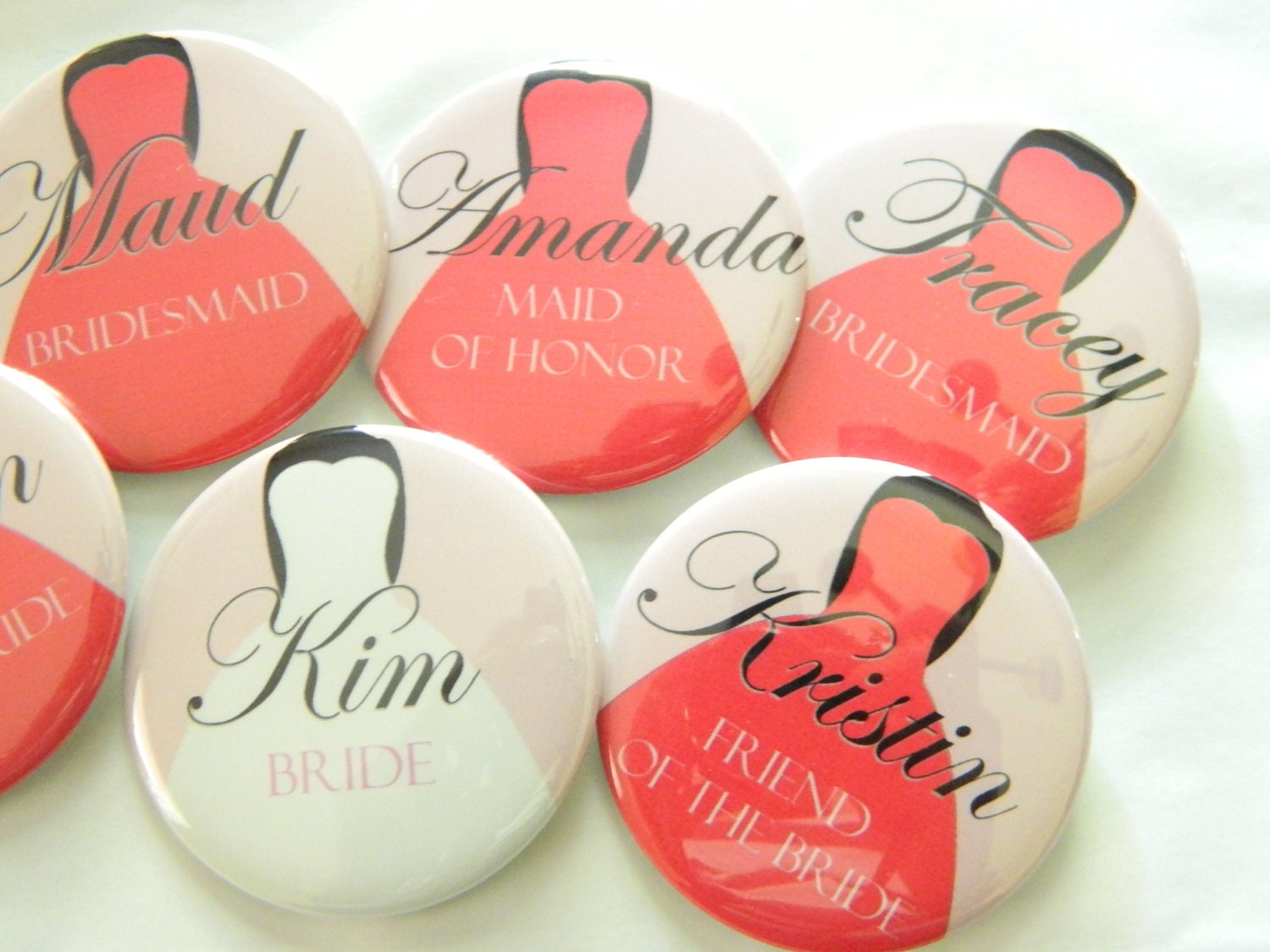 Wedding Party Buttons -Bridesmaid Dresses, Any Titles, Any Color - Coral,  Bachelorette Party,  Flower Girl, Mother of the Bride