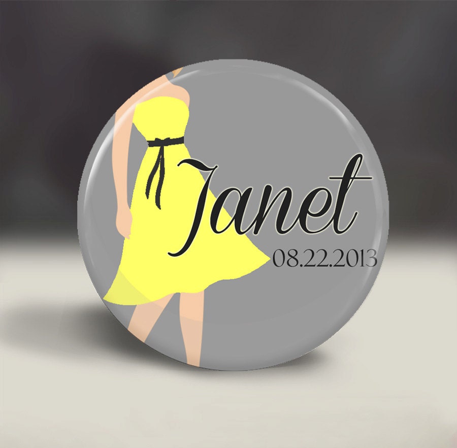 Bridesmaid Mirror - Yellow & Grey Dress (Or Any Color) Personalized Pocket Mirror --  Bridesmaid Gift, Bridal Party, Birthday - Customizabl