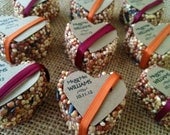 100 petite bird seed hearts with personalized tag, birdseed wedding favor, love birds