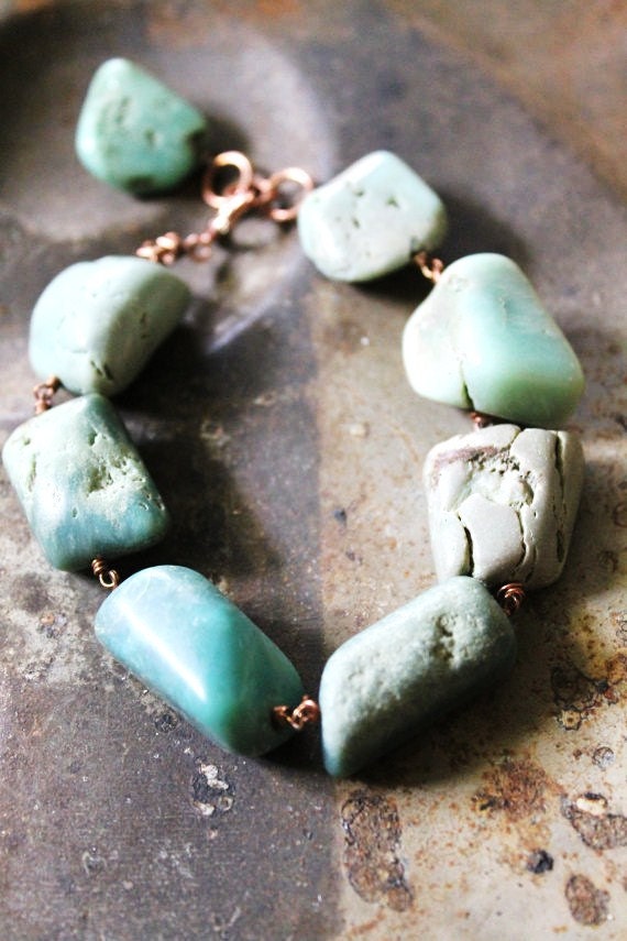 Chunky Chrysoprase Bracelet, copper wire wrapped, 7.5"-9.5".