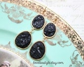Black Druzy Stone Earrings, Bridal Earrings, Bridesmaid Earrings