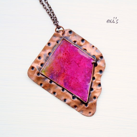 RESERVED Handcrafted Oxidized Copper Dot Hammered Textured Soldered Square Pendant with Pink Paper and Resin Metalwork Gift for Her