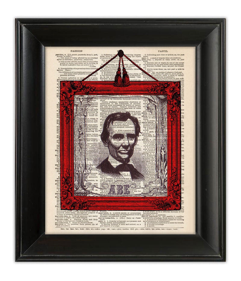 Abe Abraham LINCOLN Art Print Red Frame ORIGINAL Mixed Media Illustration on Upcycled Antique 1930s English Dictionary Book Page 8x10