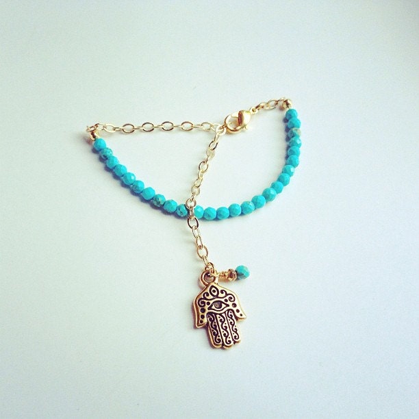 Turquoise Bracelet with Hamsa Hand Charm, beaded bracelet, bohemian jewelry by Atelier Yumi