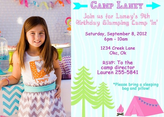 Glam Camping Invitation - Girls Camping Party - PRINTABLE Photo Invitation and Thank You Card - Glamping Il_570xn