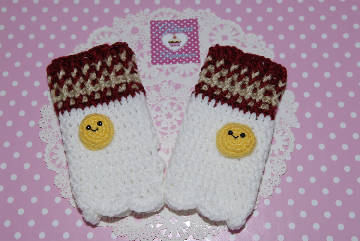 Crochet Gloves- Egg'n Bacon Fingerless Gloves-Egg Gloves-Crochet Fingerless Gloves-white-Crochet-Women Gloves-Mittens-Kawaii