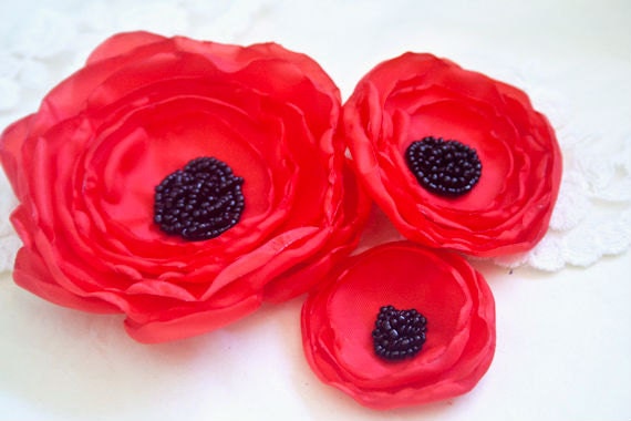 Red Hair Flowers (3 pcs) Red and Black  Hair Accessories Red Head 
Piece Anemones Bridesmaids Gift