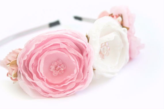 HUGE SALE - Ivory and Pink Lollipop Flower Headband Shabby Chic Flower Hair Accessory Women Headband Wedding Flower Girl Headpiece