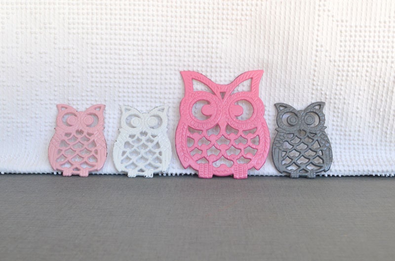 Sweet Owl family Pink White Grey/ Gray Upcycled Vintage Metal Owl trivets... Owl Theme NurseryTeenage bedroom Nursery Playroom Decor
