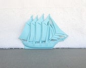 Aqua Ship Vintage Boat Plaque Upcycle Burwood Homco Syroco Resin Ship wall hanging Aqua Blue Red Nursery Nautical Decor Beach Coastal