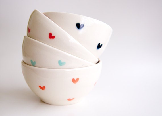 Mint and Coral Teal and Red Heart Bowls- Set of 4- Hand made pottery by RossLab (made to order)