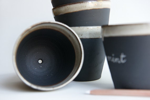 Black and White Ceramic Planter- garden decor, herb label by RossLab