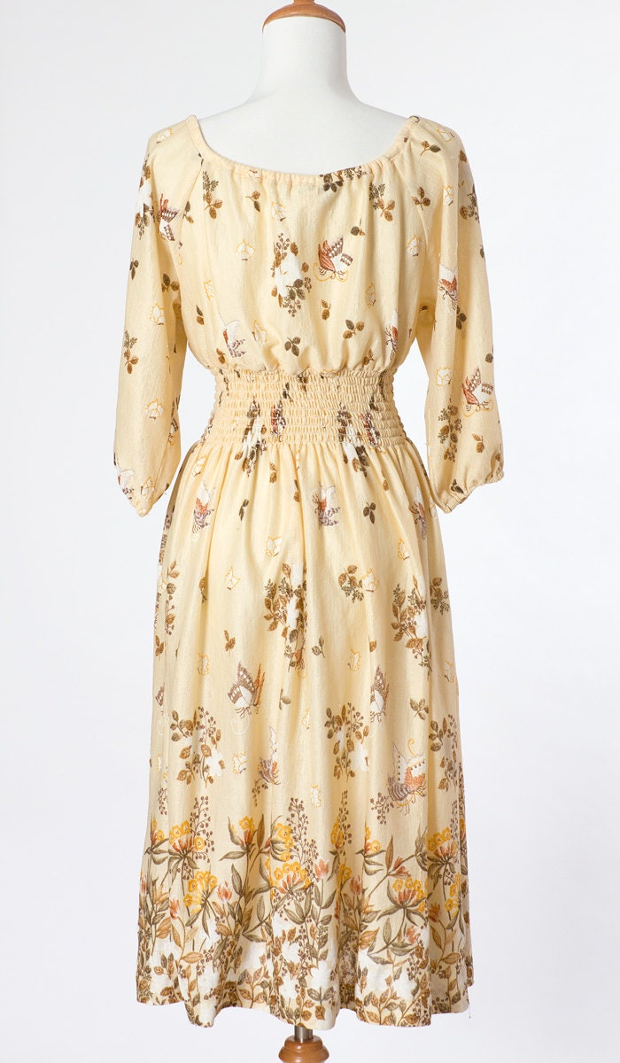 80s Vintage Dress Floral Print Neutral Moths Small Medium