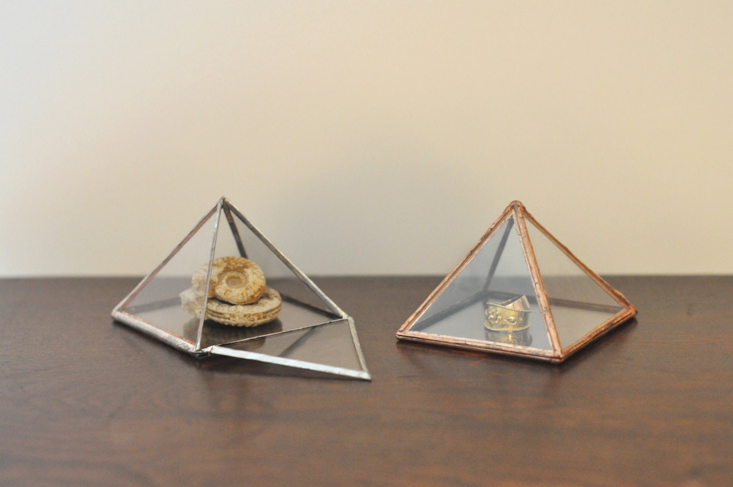 Pyramid Display Box - small glass pyramid - jewelry box - hinged - silver or copper - eco friendly