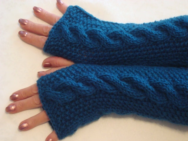 Fingerless   Gloves/Arm  Warmers.Blue  Peacock.Knit.Cable.Wool.Long.Sale.