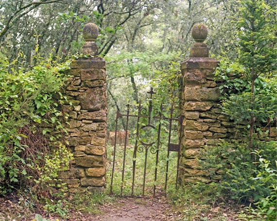 Old Wrought Iron Gate, Secret Garden, Path, Stone Wall, Woods