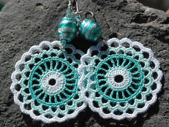 Crocheted Earrings in Mint and White color.