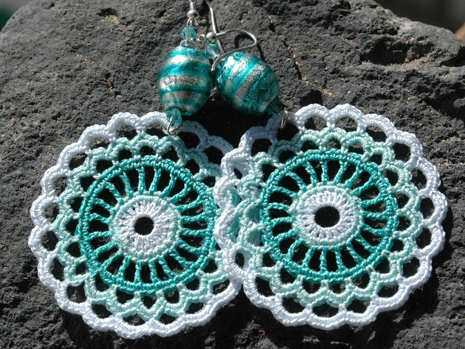 Crocheted Earrings in Mint and White color.