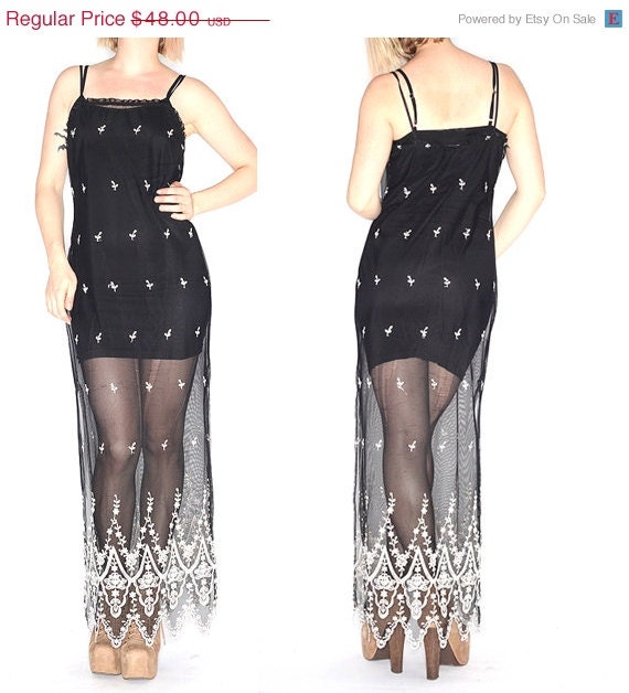 FESTIVAL SALE Vintage Black  White LACE overlay Maxi Dress//Embroidered Hem//