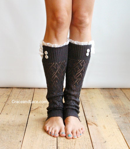 SALE SALE The Lacey Lou Graphite Open-work Leg Warmers w/ ivory knit lace trim & buttons - Legwarmers boot socks (item no. 3-23)