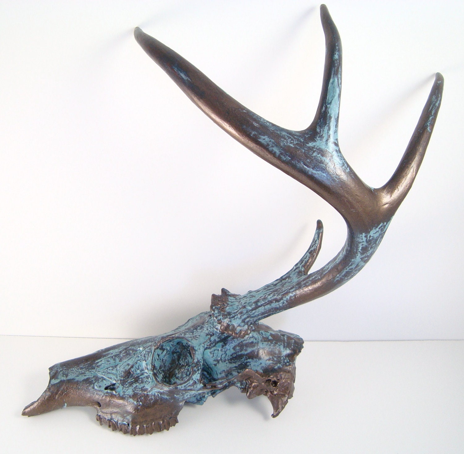 Deer Skull Taxidermy Bronze Aged Natural Turquoise Patina  Art Painted Sculpture Side Mount