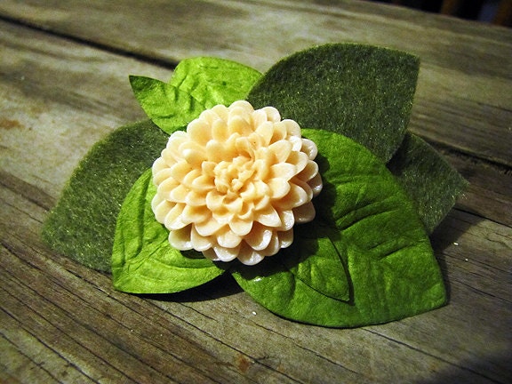 Peach Flower Hair Clip with Leaves