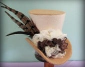 Womens Mini Top Hat Fascinator Winter White Tan Felt Ruffle Flower Feathers