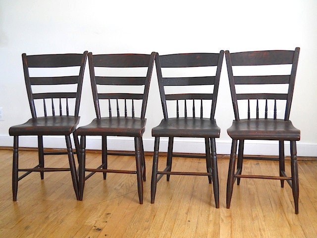 Antique Handmade Rustic Wooden Chairs, Lot of Four Chunk Wooden Chairs - 1890's, County Chic Home Decor, Chunky wooden Chair, Furniture