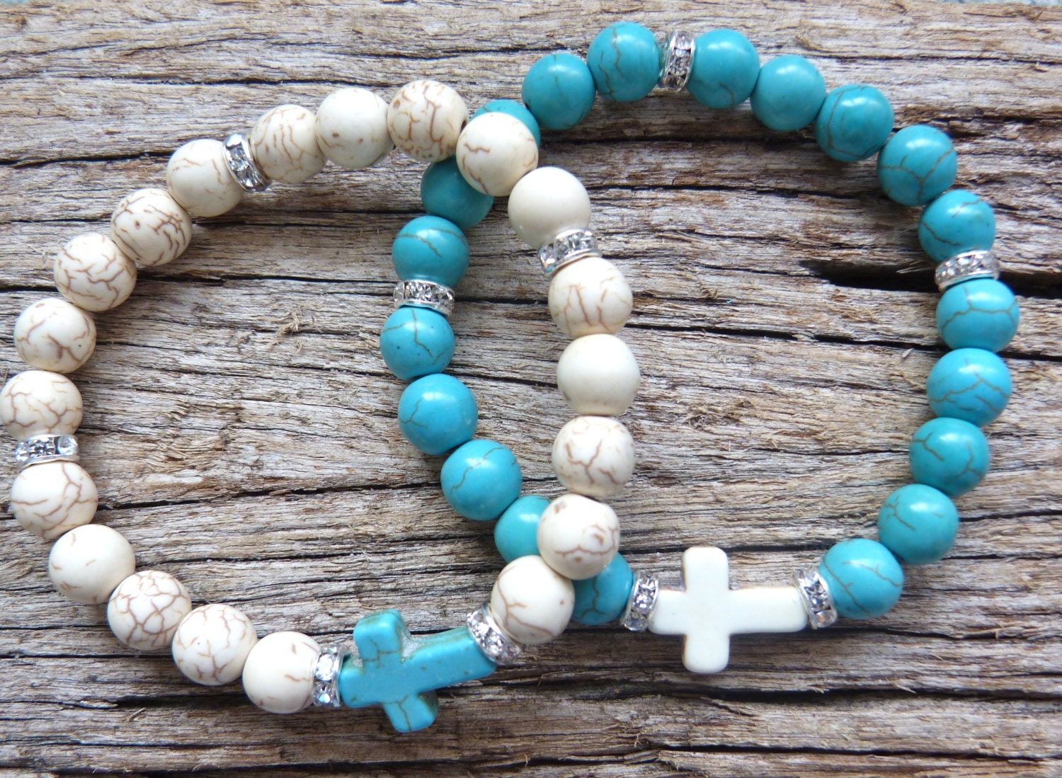beachcomber turquoise or white howlite rhinestone cross bracelet