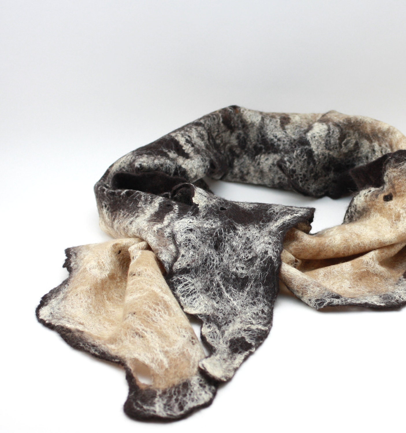 Women felted scarf cobweb felt wool silk shawl - brown beige - boho - Mothers day gift  - natural neutral - autumn scarf