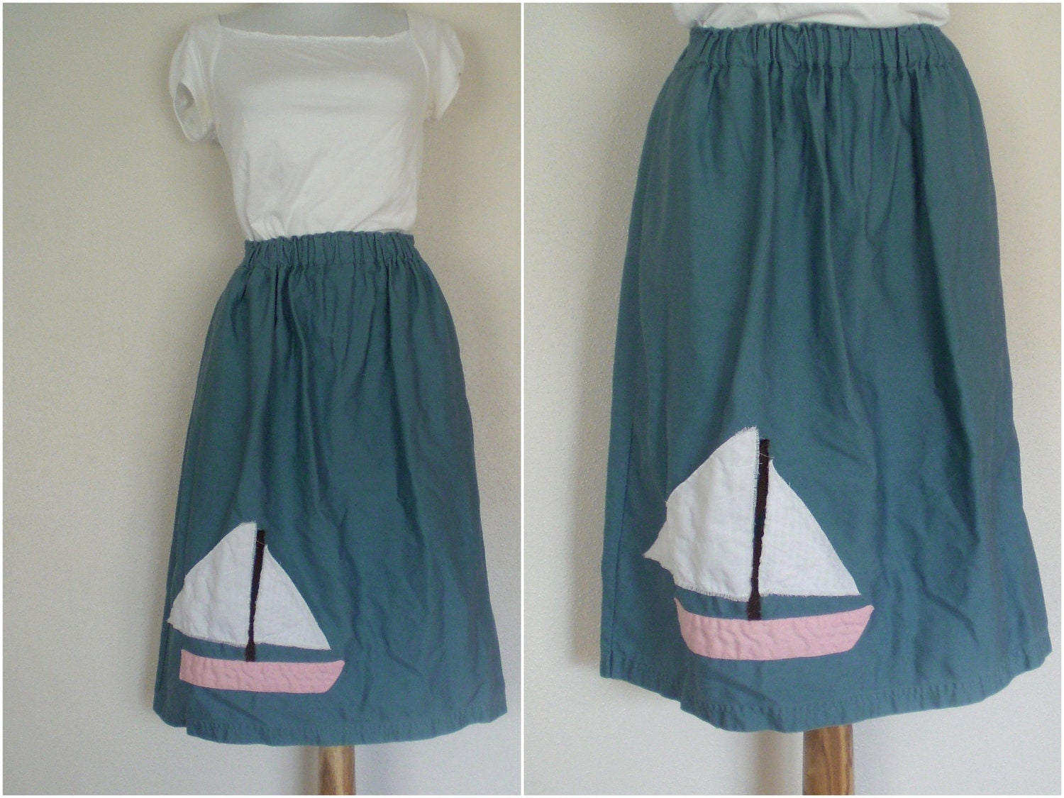 Women's Straight Skirt With Sailboat Applique/ Juniors Light Blue Denim Skirt: Gathered Waist Skirt