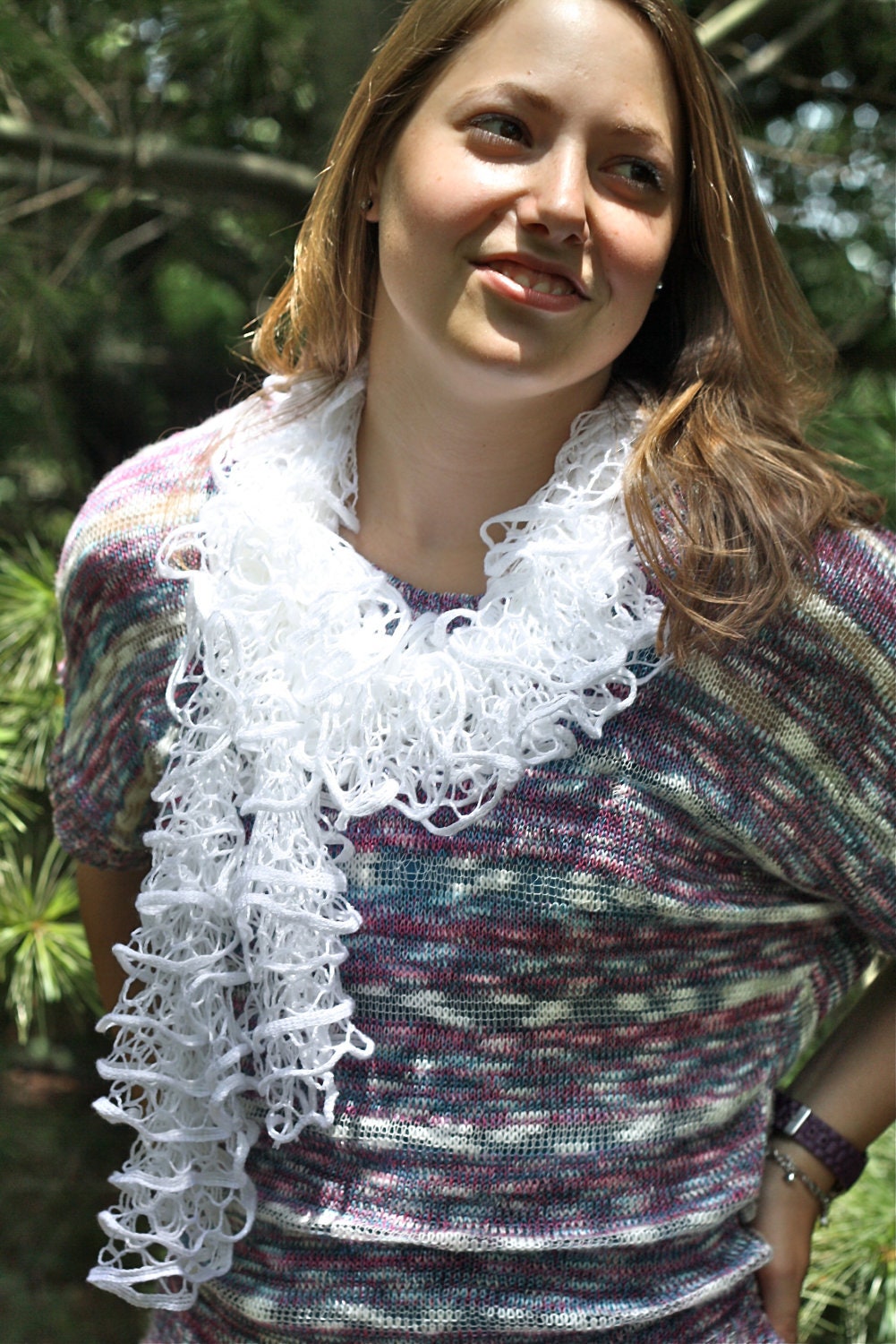 White Rose Knit Scarf - Hand Knit Spiral Lace Ruffle Scarf