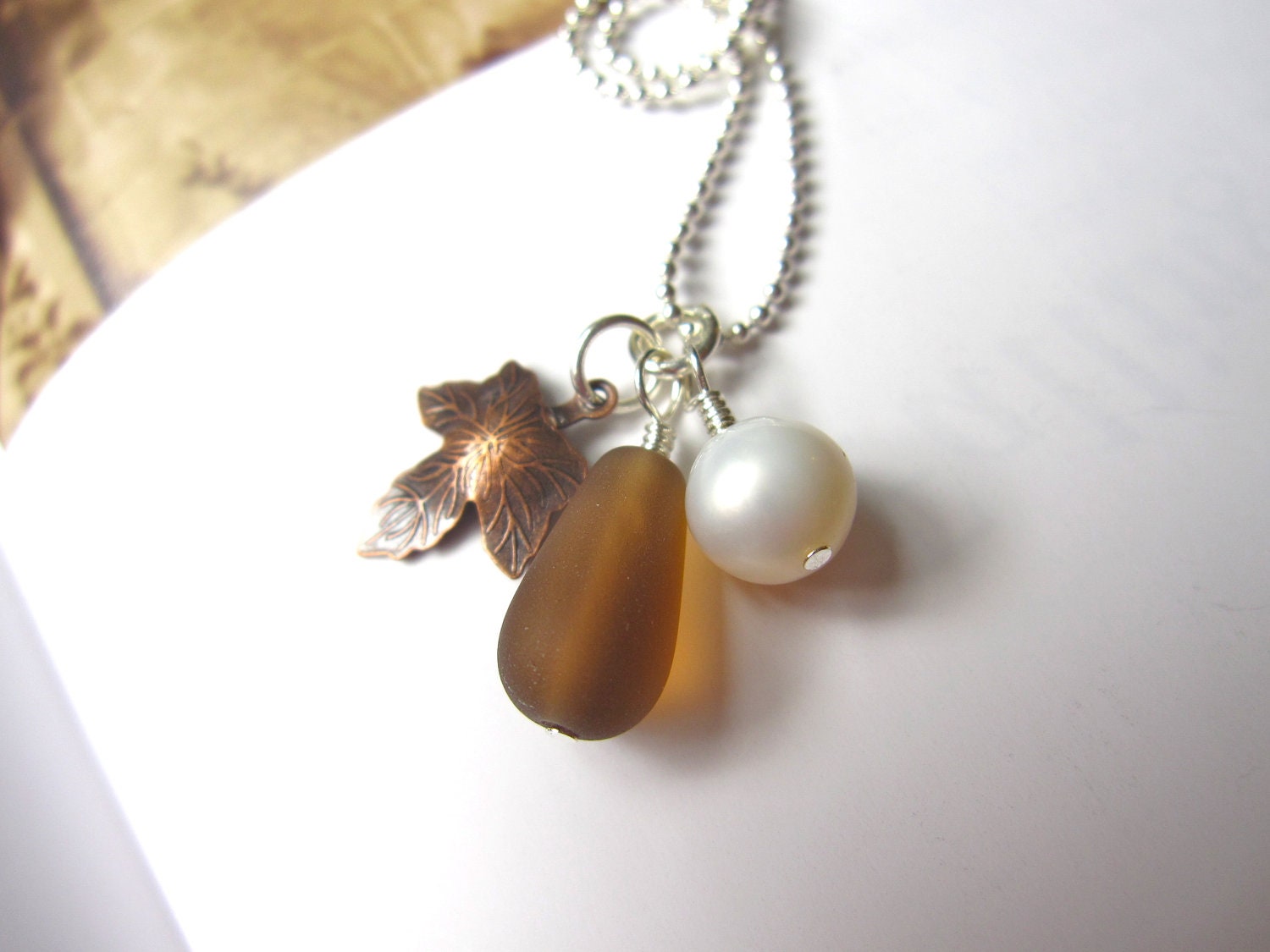 Brown Sea glass Pendant with swarovski pearl and Autumn Leaf - Nautical Mermaid jewlery bridesmaid necklace in fall wedding