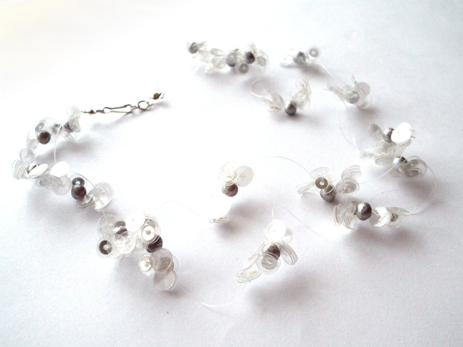 Eco friendly necklace upcycled jewelry - plastic sequins made of recycled plastic bottles, polymer clay beads, white & silver