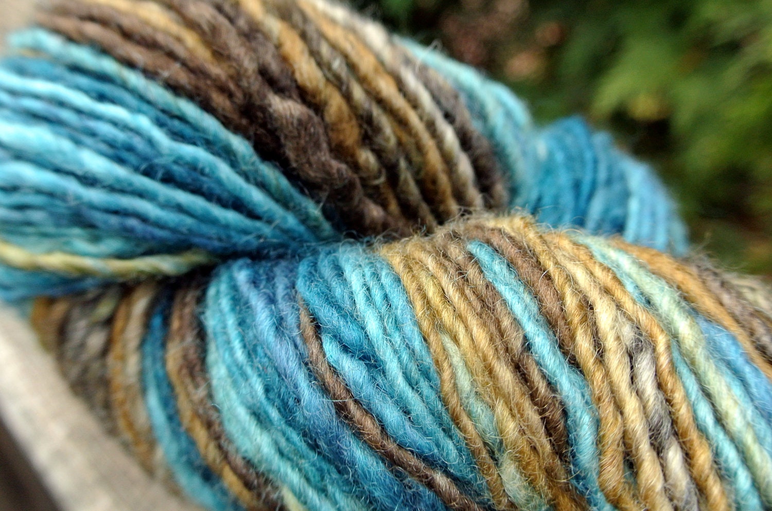 SALE Black Friday/Cyber Monday- Handspun Yarn, Bluefaced Leicester-Silk Worsted Weight Singles: Oceanic, Blues-Browns, Self Striping - KnitMomWi