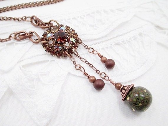 Upcycled Vintage Brooch Necklace Handmade  Beaded Jewelry Victorian Goth Green Brown Copper Green Neo Victorian Bohemian Crystal
