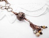 Lariat Bead Necklace Beaded Jewelry Woodland Nature Victorian Long Brown Beige Mixed Media Charm Bohemian Upcycled Earthy Rustic Jewelry