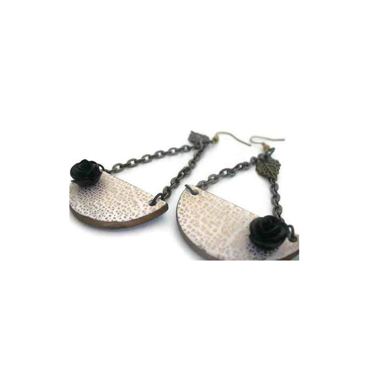 Polymer clay half-moon with rose and gold leaf earrings