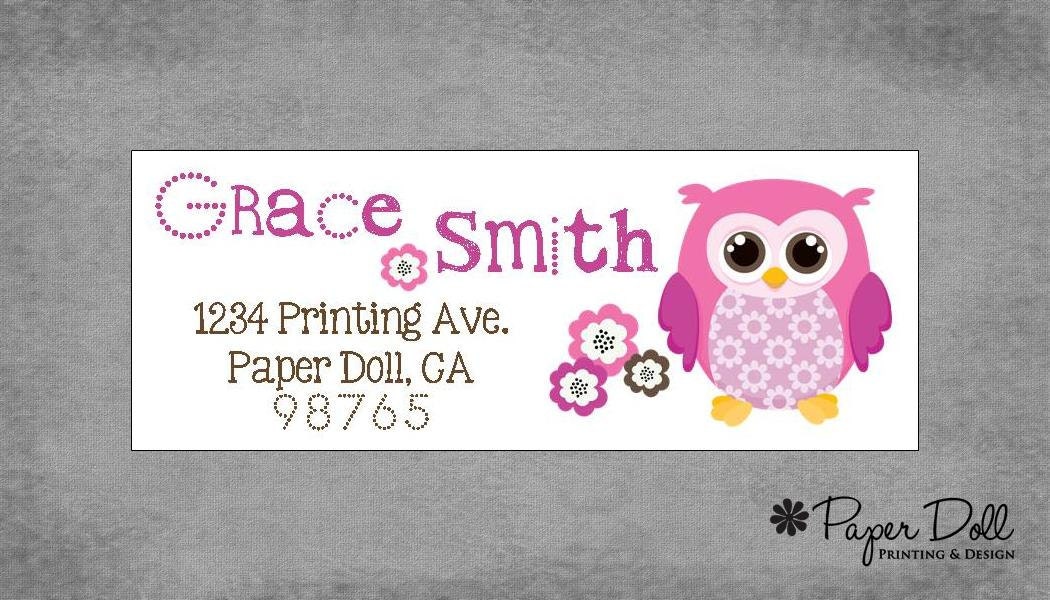 Pink Owl with Flowers - Address Labels - Set of 90