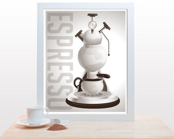 Mid Century Print Coffee Atomic Espresso Machine - 11x14 Print art modern decor wall poster kitchen appliance retro futuristic white shiny