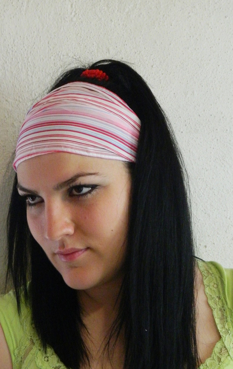 Pink White Stretchy Headband - Striped Fabric Womens wide hair band urban turban head wrap headband
