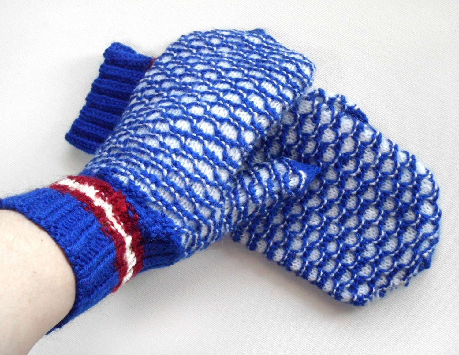 Hand Knitted Mittens - Blue and White