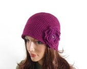 Crochet Cloche Hat with Crochet Flower Brooch - Violet