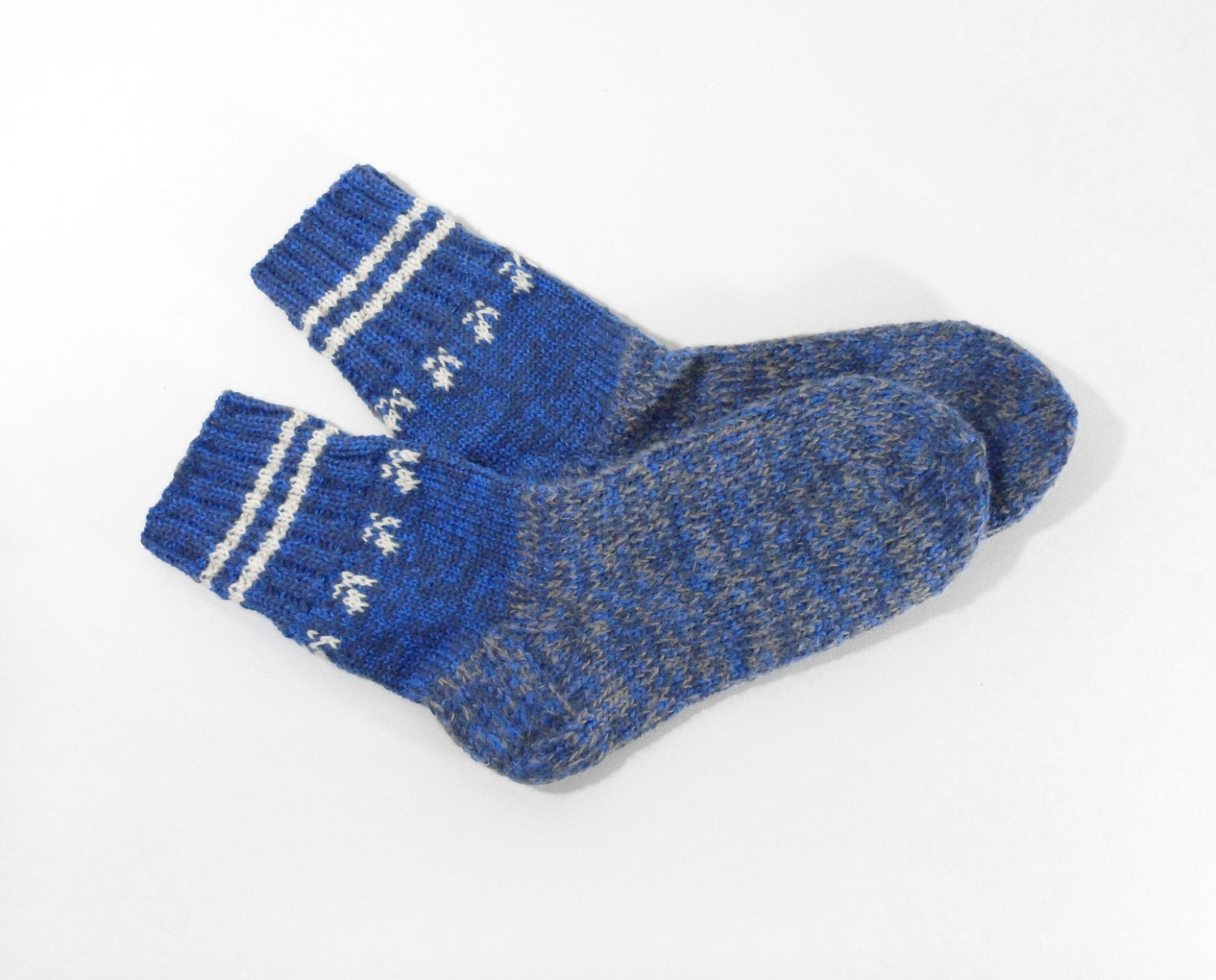 Hand Knitted Wool Socks - Blue and Gray, Size Extra Large