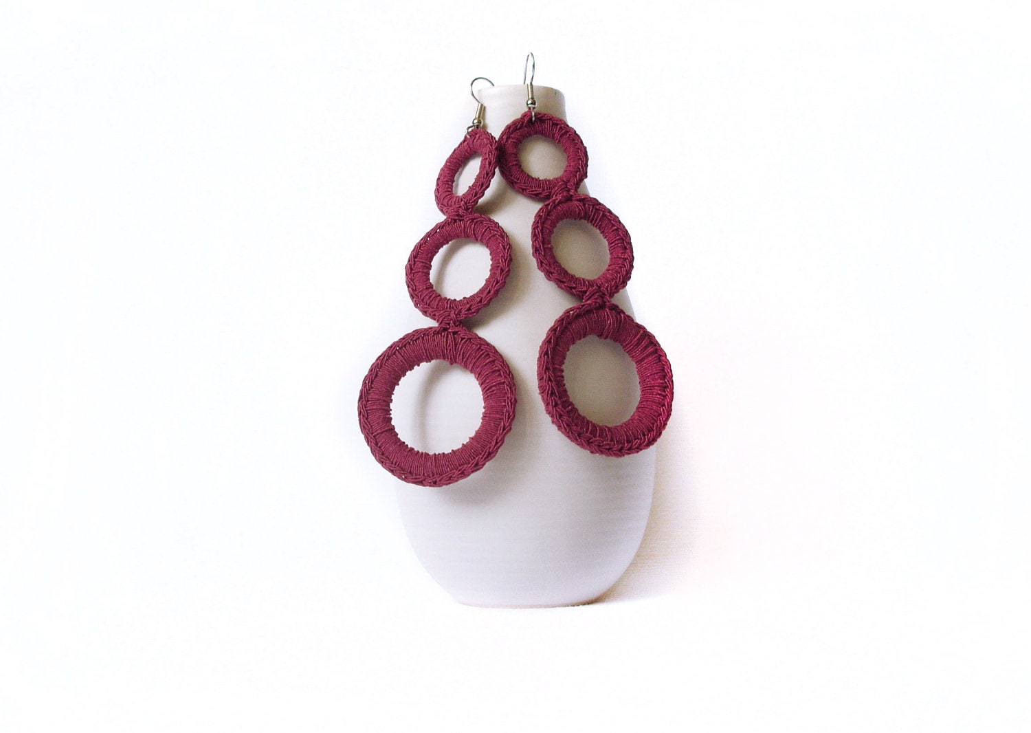 Burgundy Geometric Crochet Earrings / Long Dangle Hoop Earrings / Handmade Fashion Jewelry / Red wine / Boho jewelry